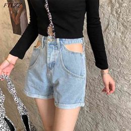 Spring Summer Women High Street Hollow Out Blue Denim Shorts Retro Female Wide Leg Loose Button Jeans 210430