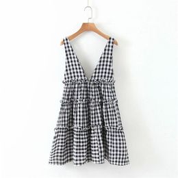 Women sexy deep v neck plaid print agaric lace sling mini Dress ladies sleeveless vest vestidos chic casual Dresses DS3527 210420