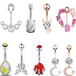 Pink White Colour Crystal Love Heart Navel Piercing & Bell Button Rings Surgical Stainless Steel for Women Fashion Summer Beach Party Jewellery