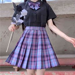 Women Purple Black Gothic Pleated Plaid Skirt Summer High Waist Korean Harajuku Japanese Cute Sexy Mini A-line Skirts JK Cosplay 210629