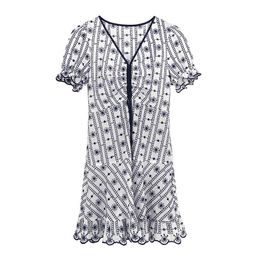 V Neck Short Sleeve Puff Mini Dress Summer Women A-line Ruffle Lace-up White Navy Floral Print D1992 210514