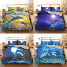 Sea Dolphin Blue Duvet Quilt Cover Set Comforter Bed Pillowcase King Queen Size Home Textile 210615