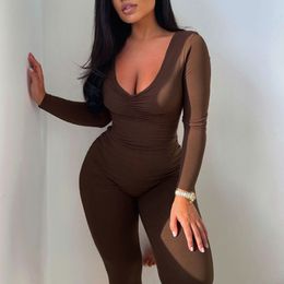 Women's Solid Colour Rompers High Waist Long Sleeve Low-cut Jumpsuit Sexy Onesies Romper Bodysuits Black Brown Size (S-L)