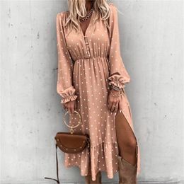 Autumn Winter Long Sleeve Vintage Dot Dress For Women Clothes Fashion Midi Female Casual Side Slit Vestidos De Mujer 210427