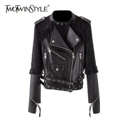 TWOTWINSTYLE Moto Style PU Leather Jacket For Women Stand Collar Long Sleeve Sashes Casual Jackets Female Fashion Clothing 210517
