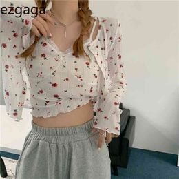 Ezgaga Two Piece Set Women Floral Printed Cardigan Thin Slim Sexy Camis Summer Korean Fashion Crop Tank Tops Sweet Casual 210430