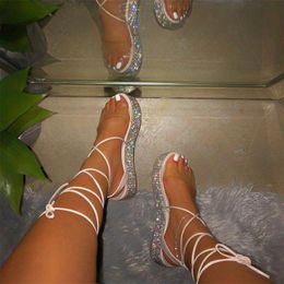 Sandali trasparenti da donna scarpe piatte piatte da donna con strass scarpe Casual sexy con cravatta incrociata sandali femminili di moda estate 2021
