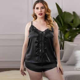 Plus Size Ladies Sexy 2 Piece Silk Pyjama Set Sleeveless Pyjamas Sleep Shorts Set Lace Pijama Suit Sleepwear For Women Nighties Q0706