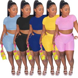 Women Tracksuits Summer Shorts Sets Two Piece Pants Solid Colour Summer Fashion Casual Strap Rib 5-color Sports Short Sleeve