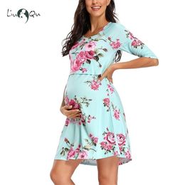 Women's Floral Maternity Dress Nursing Nightgown for Breastfeeding Nightshirt Sleepwear Half Sleeve Round Neck Pregnant 210918