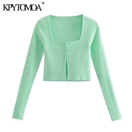 KPYTOMOA Women Sexy Fashion Cropped Knitted Cardigan Sweater Vintage Square Collar Long Sleeve Female Outerwear Chic Tops 210914