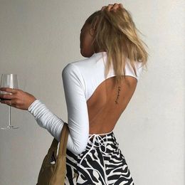 Sexy Open Back T-shirt Women Long Sleeve Top Cropped Tops Ladies Bandage Tees Summer Casual Tops White Fashion T-shirt 210419