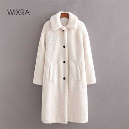 Wixra Womens White Coat Ladies Singled Breasted Long Outwear Jacket Pockets Solid Lamb Wool Overcoat Winter Spring 211007