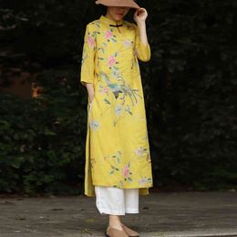 Johnature Women Chinese Style Yellow Dresses Ramie Stand Seven Sleeve Spring Print Floral Button Female A-Line Dress 210521