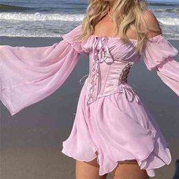 Chiffon Summer Dress Pink Bandage Corset Vintage Bridesmaid Slash Hollow Out Bustier Prairie Chic 2 Pieces Set 210529