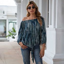 Tie Dye Print Off Shoulder Bloues Women Fashion Slash Neck Lantern Long Sleeve Loose Oversized Ladies Shirts Tops Femme 210608