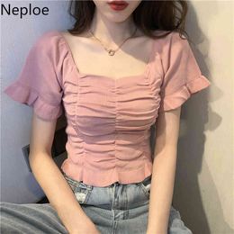 Neploe Shirts for Women High Waist Slim Crop Tops Square Collar Short Sleeve Knit Tshirts Sweet Ruffles Pleated White Tops Femme 210422