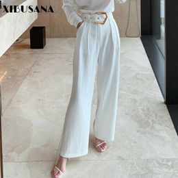 Office Ladies Belted Wide Leg Pants Women Spring Autumn Loose High Waist Elegant Long Suit Casual Female Trousers 210423