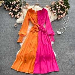Neploe Korean Hit Colour Patchwork Slim Dress Women High Waist Hip Tie Desigb A Line Vestidos Holiday V Neck Long Sleeve Robe 210423