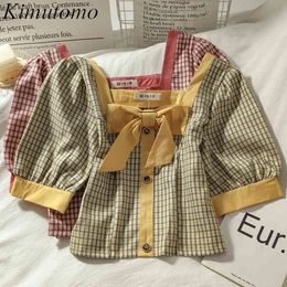 Kimutomo Sweet Girls Plaid Short Blouse French Style Spring Summer Female Square Collar Puff Sleeve Bow Shirt Casual 210521