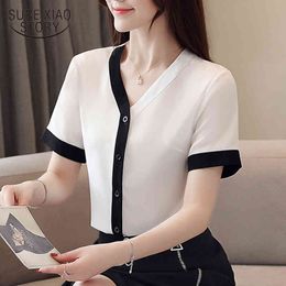 Blusas Mujer Summer V Neck Tops Casual Short Sleeve Solid Shirt For White Chiffon Cardigan Women Blouse 9567 210415