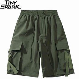 2021 Japanese Streetwear Cargo Shorts Pockets Men Harajuku Hip Hop Shorts Jogger Summer Men Baggy Track Short Sweatpant Ribbon H1210
