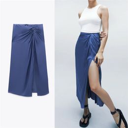 Za Satin Knotted Blue Skirt Women High Waist Front Slit Vintage Midi s Woman Fashion Back Hidden Zip Pleated 210708