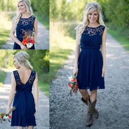 Cheap Country Bridesmaid Dresses 2021 for Weddings Illusion Neck Chiffon Lace Navy Blue Sashes Party Short Knee Length Maid of Honor Gowns