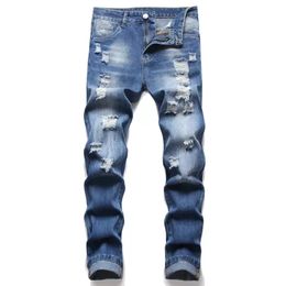 Men's Straight Leg Slim Fit Jeans Fashion Hole Biker Casual Denim Pants Big Size Motocycle Hip Hop Trousers For Male