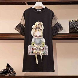 New Plus Size Women's T-Shirt Fashion Streetwear Spectacles Girl Print Mesh Patchwork Flare Sleeve Dresses S-4XL 210331