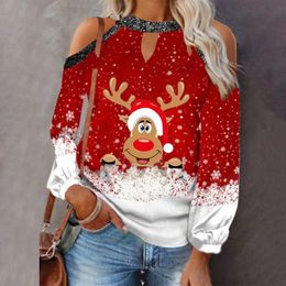 Women's T-Shirt Women Christmas Elk Print T Shirt 2021 Off Shoulder O-neck Long-sleeve Female Casual Loose Lantern Sleeves Pullover Tops