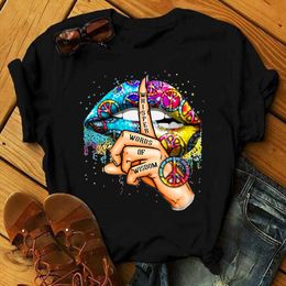 ZOGANKIN Cool Streetwear Female Black T-shirt Rainbow Lipes Print Harajuku Women Summer Casual T Shirt Femme Tops X0628