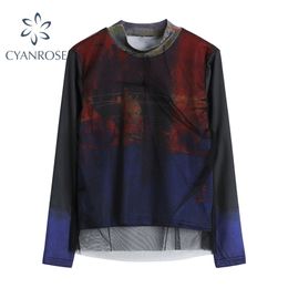 Streetwear Long Sleeve Mesh T Shirt Tops Women Stand Collar Loose Casual Y2K Tees Female Summer Fashion Grunge 210515