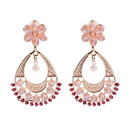 Trendy Boho Pink Crystal Flower Carved Indian Earring Brincos Womens Jewellery Retro Ladies Jhumka Dangle Earrings Orecchini