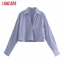 Women Retro Blue Striped Crop Turn Down Collar Chic Female Shirt Tops 4M07 210416