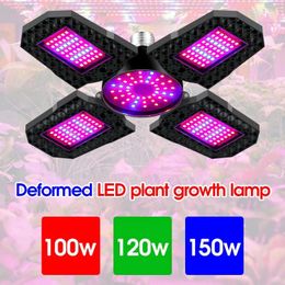 100W 120W 150W LED Plant Growth Lamp E27 Deformation Folding Grow Light 4 leaves Red Blue Spectrum Phytolamp