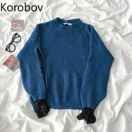 Korobov Autumn New Chic Women Pullovers Korean O Neck Patchwork Long Sleeve Sweaters Vintage Sweet Elegant Sueter Mujer 210430