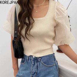 Korejpaa Women T-Shirts Summer Korean Chic Girl Retro Square Collar Exposed Clavicle Mesh Stitching Puff Sleeve Knitted Top 210526