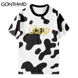 T-Shirts Streetwear Cow Pattern Bear Print Tshirts Hip Hop Harajuku Summer Loose Cotton Hipster Casual Mens Tees Tops 210602