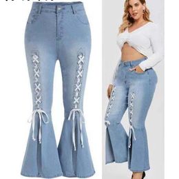 Flare Jeans for Women Blue Casual Women's Lace Up Spliced Denim Pants Plus Size High Waisted Trouser Vintage Female 4XL5XL 210514