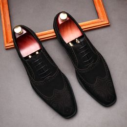 Luxury Men Oxford Shoes Lace Up Pointed Toe Black Brown Formal Suede Mens Dress Shoes Wedding Business Genuine Leather Shoes Men