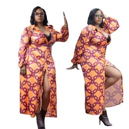 Elegant Women Chain Printing Shirt Dresses Plus Size Turn-Down Collar Single-Breasted Full Sleeve Straight Ankle-length Dress KB7064