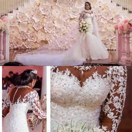 African Luxury Plus Size Mermaid Wedding Dresses Formal Bridal Gowns High Neck Lace Appliques Crystal Beaded Long Sleeves Chapel Train Sexy Button Back