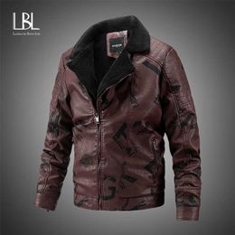 Men Vintage Leather Jacket Turn-down Fur Collar Autumn Winter Thicken PU Jacket Warm Fleece Lined Retro Style Motorcycle Jacket 211111