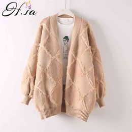 Women Warm Sweater and Cardigans V Neck Latern Sleeve Geometric Knit Jacket Spring Coat Long Poncho Femme 210430