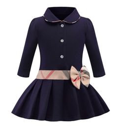 Kids Girl Lapel Collar bowknot Long Sleeve Dress Pleated Toddler Elegant Autumn Baby Children Designer Clothes