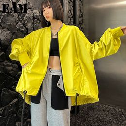 [EAM] Loose Fit Yellow Big Size Cool Jacket Stand Collar Long Sleeve Women Coat Fashion Spring Autumn 1DD6548 210512