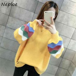 Korean Style Autumn Winter Sweater O Neck Long Lantern Sleeve Patchwork Pullover Women Casual Fashion All Match Tops 210422