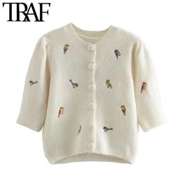 TRAF Women Fashion With Embroidery Cropped Knitted Cardigan Sweater Vintage Puff Sleeve Female Outerwear Chic Tops 210415