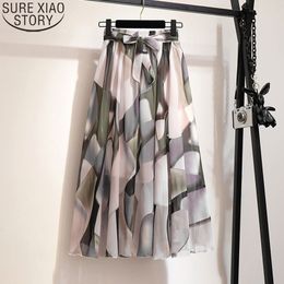 Long for Women Spring Summer Ladies Korean White Black 8 Colors Print Chiffon Pleated High Waist Maxi Skirt 9830 210417